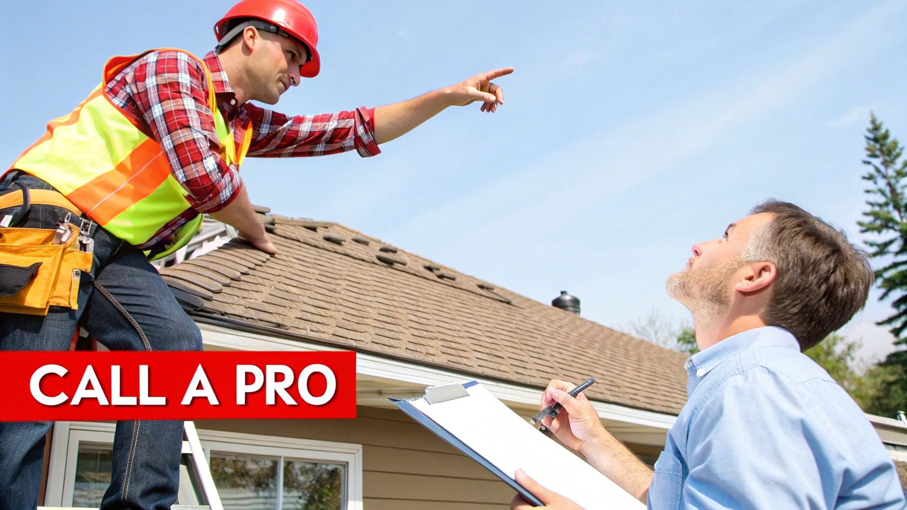A roofer on a ladder points, discussing roof inspection with a man holding a clipboard.