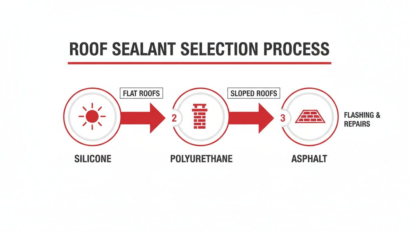 Flowchart illustrating the roof sealant selection process for flat roofs, sloped roofs, and repairs.