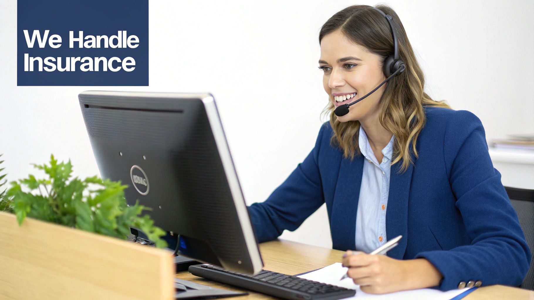 A smiling customer service representative wearing a headset looks at a computer and writes, with 'We Handle Insurance' text.
