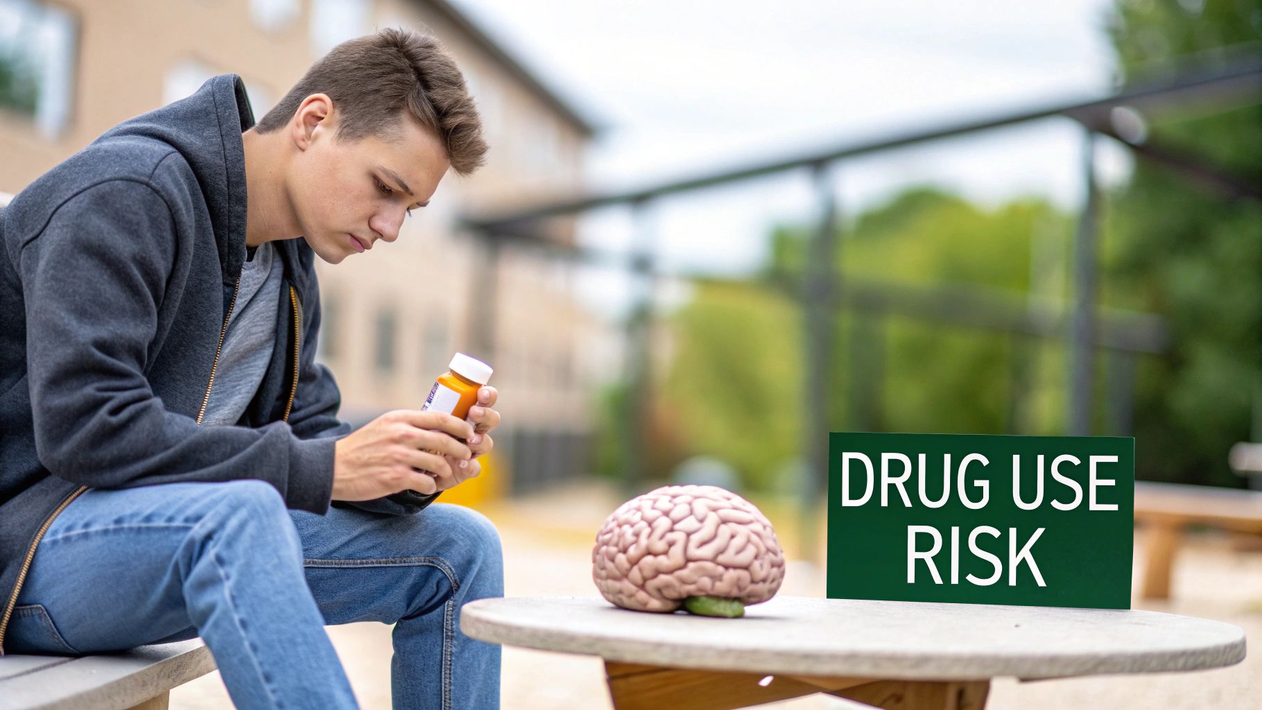 A young man looks at a pill bottle, with a brain model and 'DRUG USE RISK' sign nearby.
