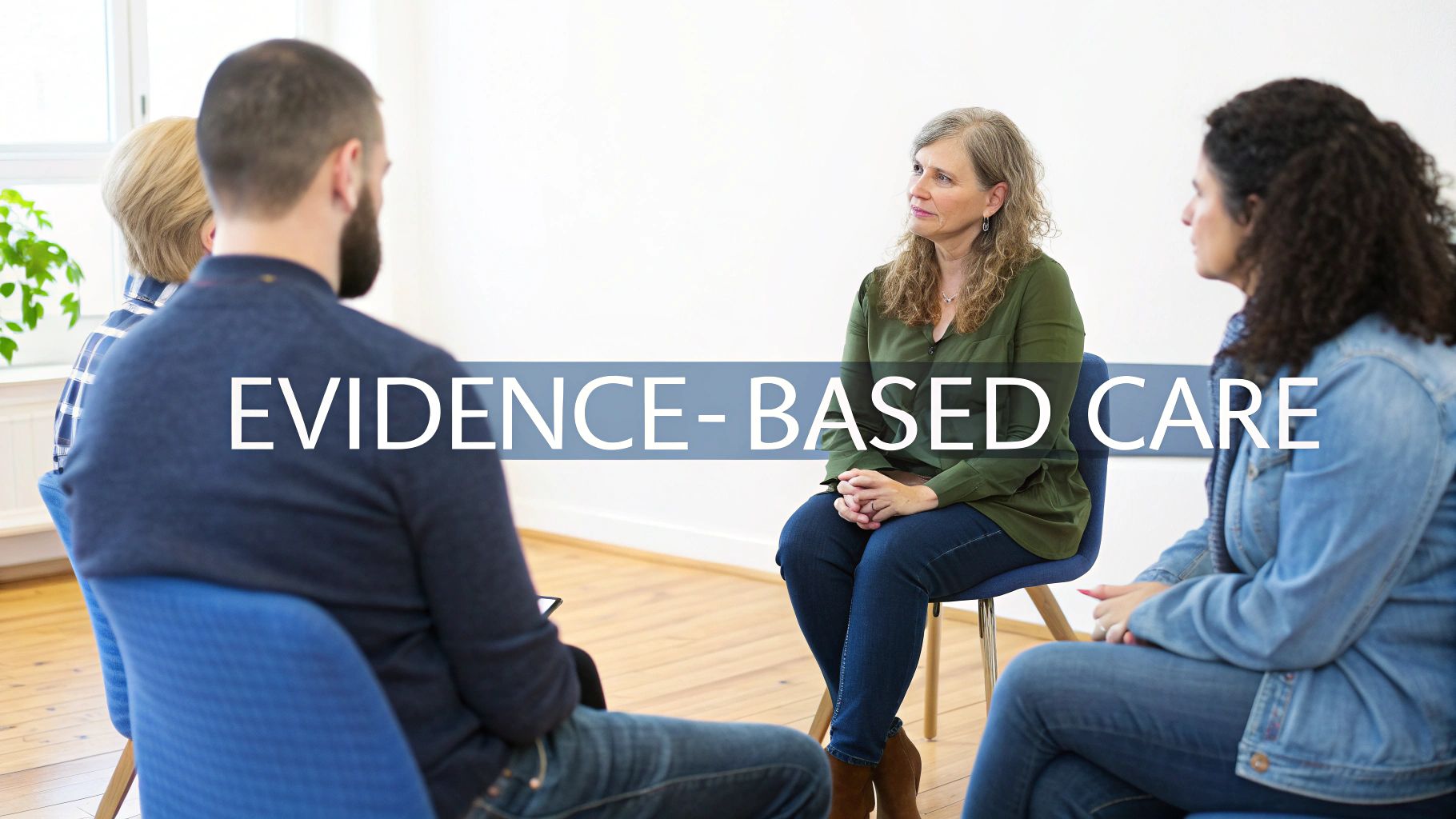 Four adults sit in a circle for a group therapy session, with 'EVIDENCE-BASED CARE' text overlay.