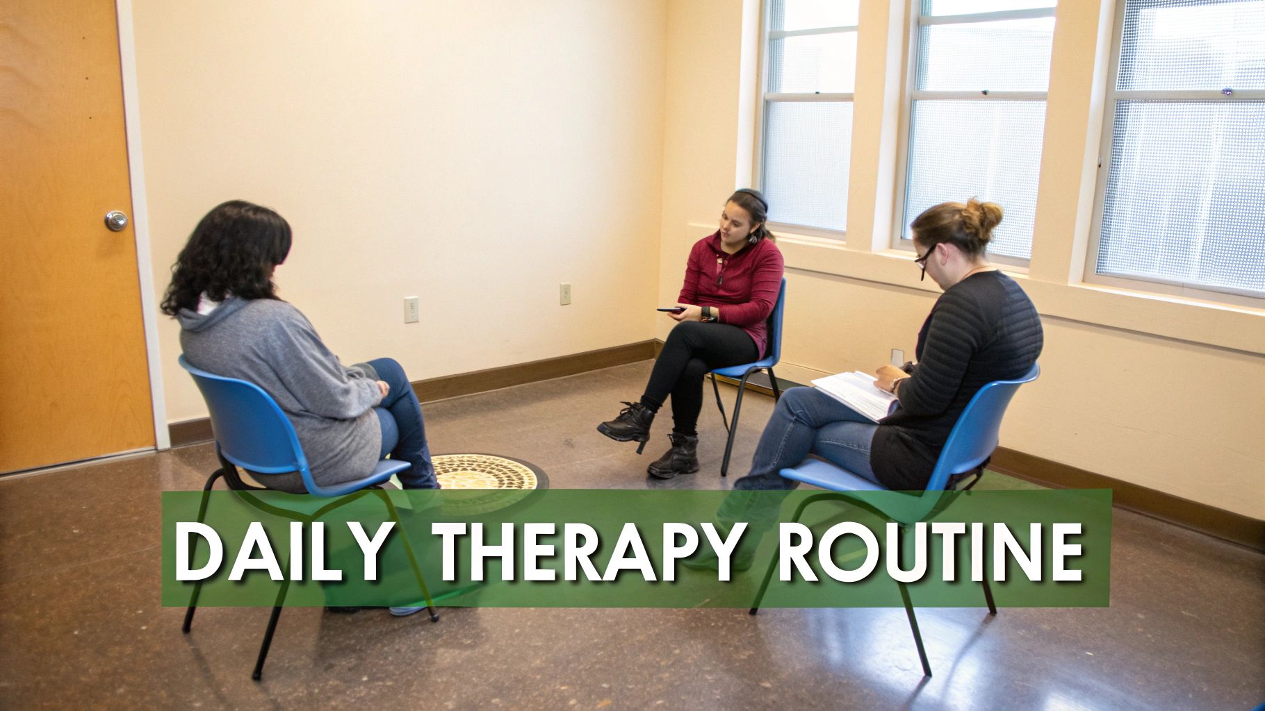 Three women are having a therapy session in a room with light walls and windows.