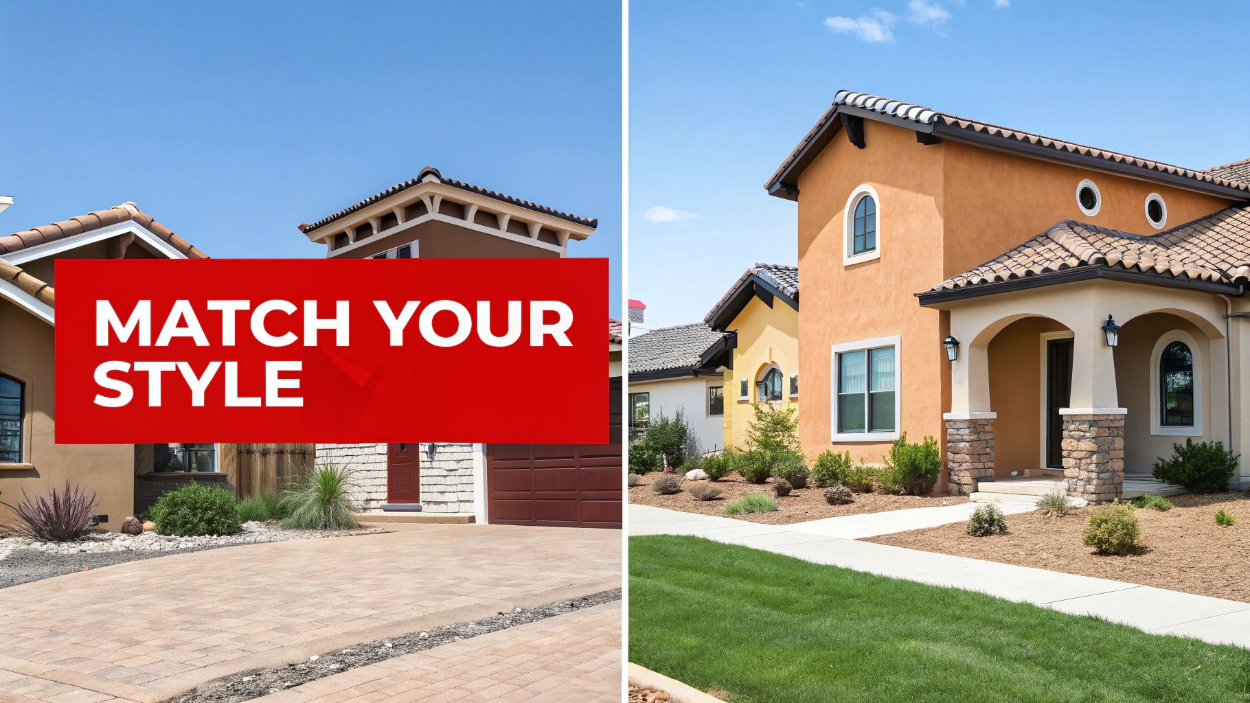 Modern houses with distinctive tile roofs and stucco exteriors under a clear sky, featuring a 'MATCH YOUR STYLE' banner.