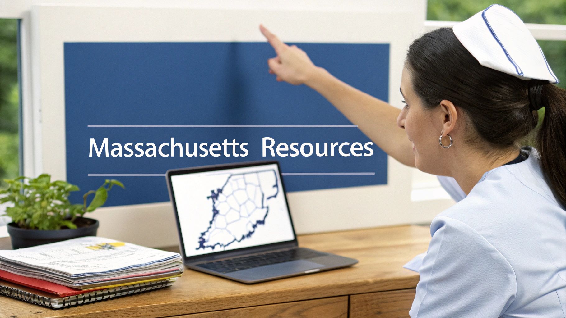 A nurse points at a blue board displaying 'Massachusetts Resources', with a laptop showing a map on the desk.