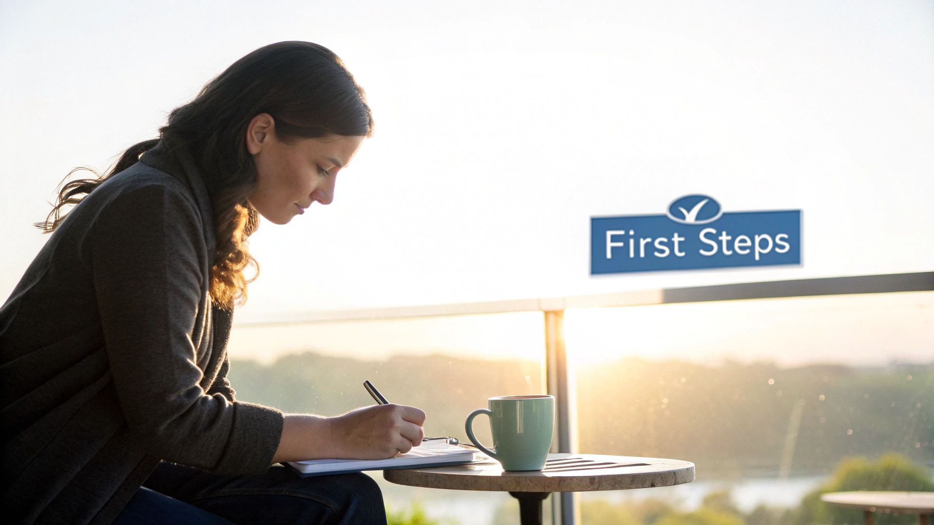A real photo of a woman journaling at an outdoor table, symbolizing her first steps toward healing and recovery support.