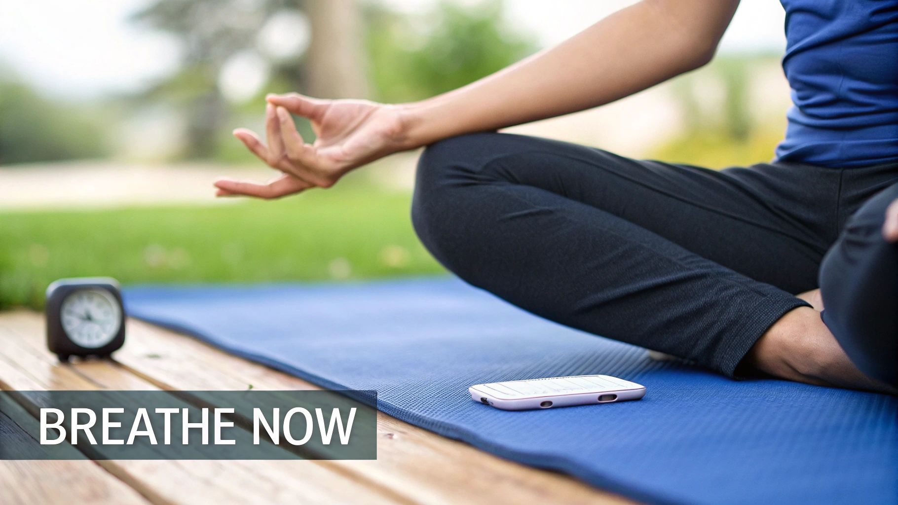 A person meditating outdoors in a lotus position on a blue yoga mat with a clock and phone.