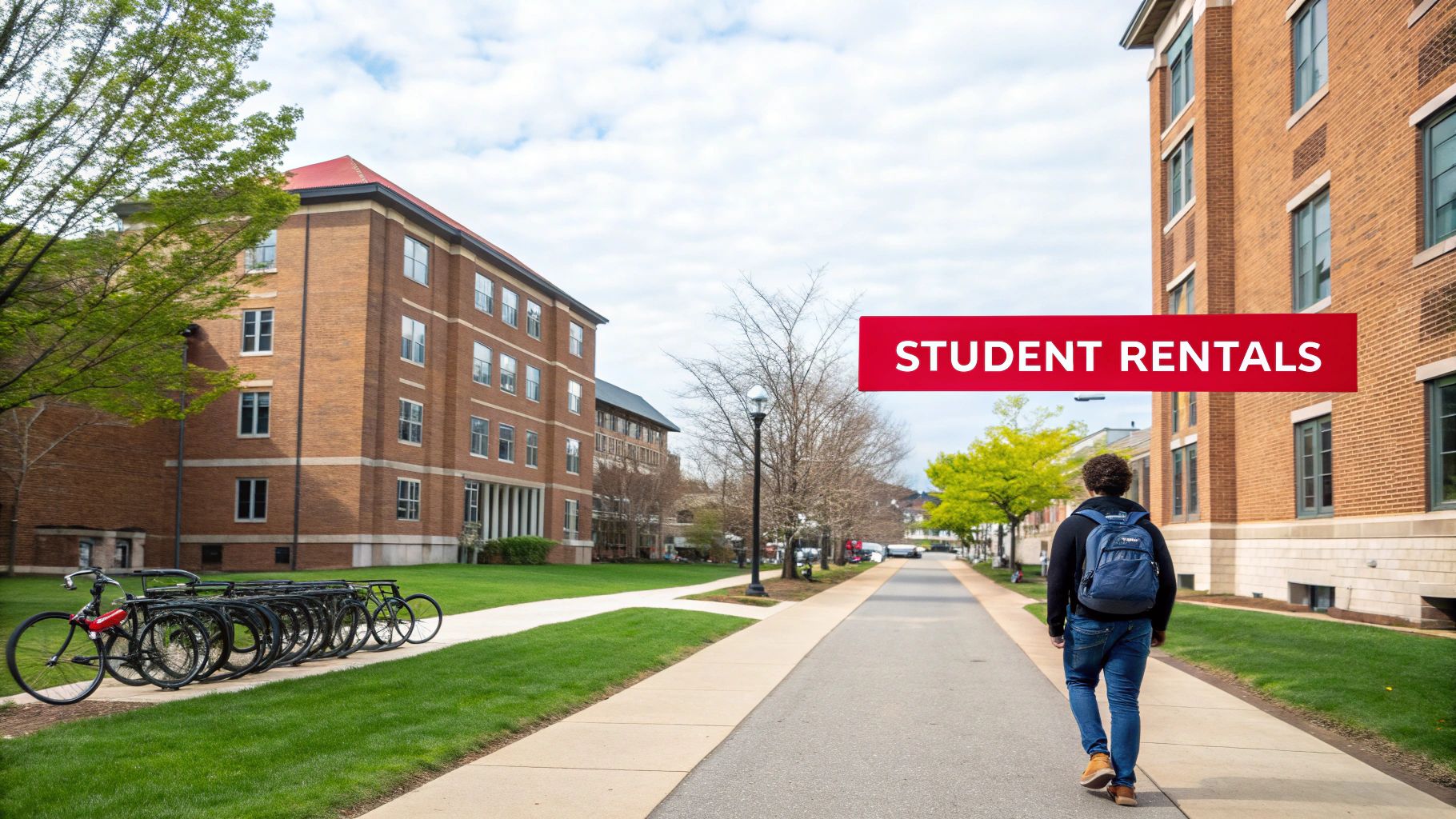 Top 10 Best Markets for Rental Properties in 2025 A student walks on a campus path past brick buildings with a 'STUDENT RENTALS' banner.