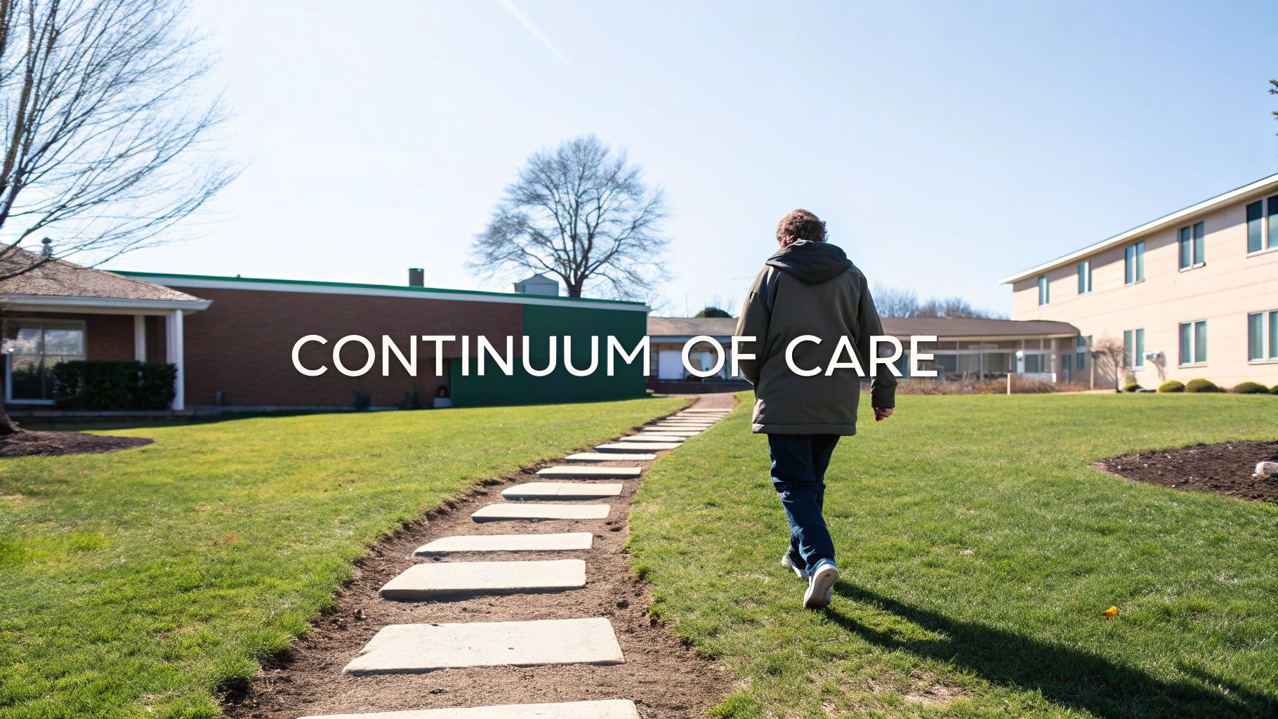 A person walks on a stepping stone path through a green lawn, with buildings and the text 'CONTINUUM OF CARE'.