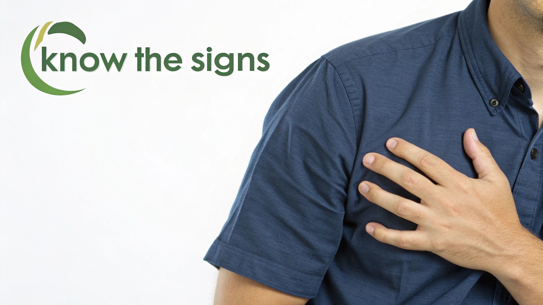 Man clutching chest experiencing panic attack symptoms with know the signs text