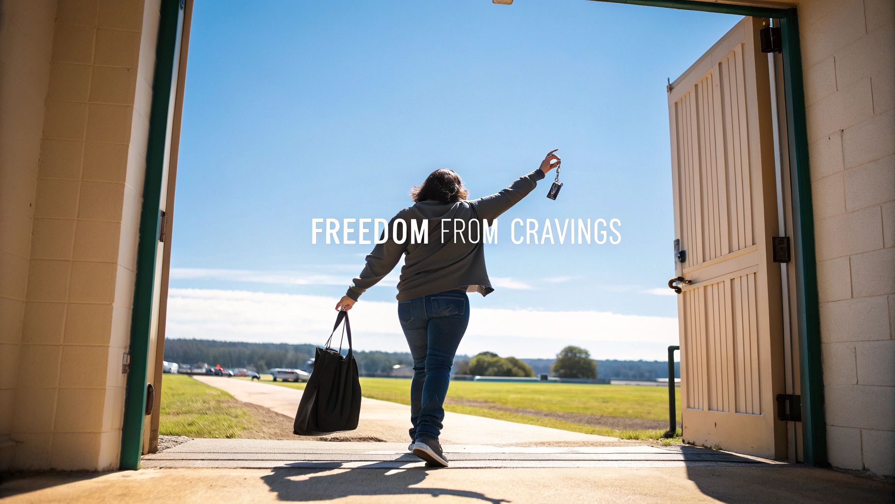 A person walks through an open doorway into an outdoor field, holding keys, with text 'FREEDOM FROM CRAVINGS'.