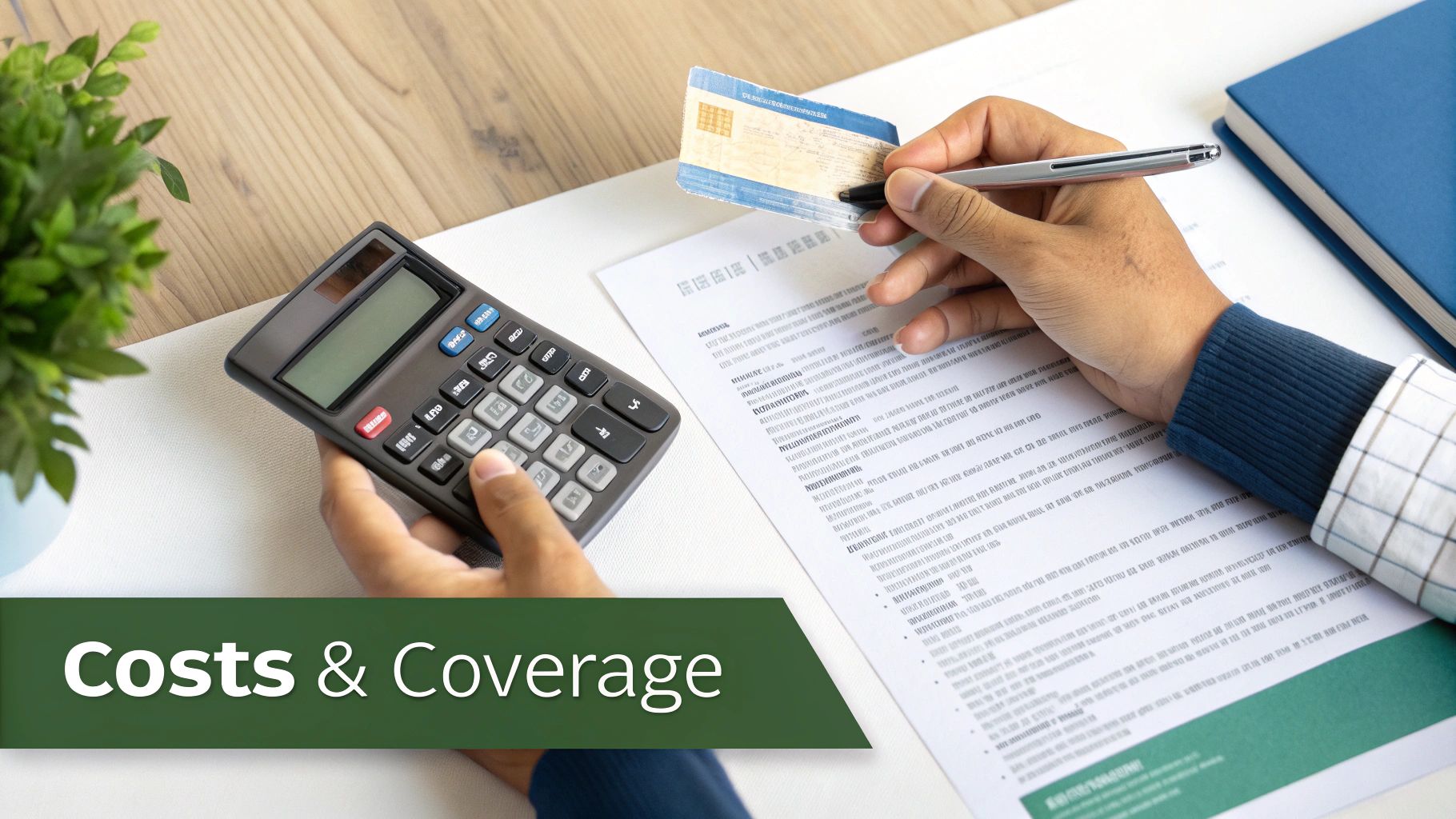 A person's hands using a calculator, reviewing documents, and holding a card, with 'Costs & Coverage' text.
