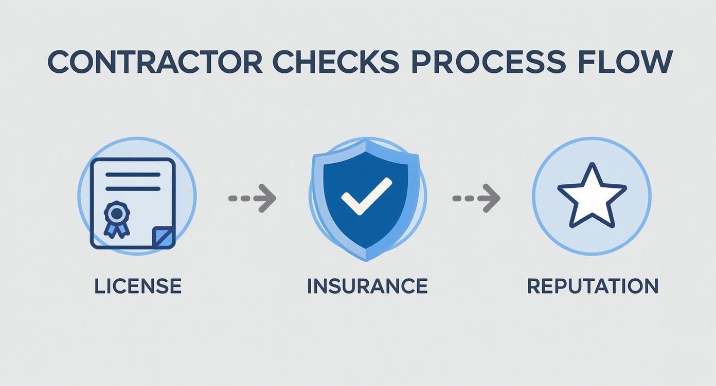 Infographic showing the process flow for checking a contractor's credentials, including icons for license, insurance, and reputation.