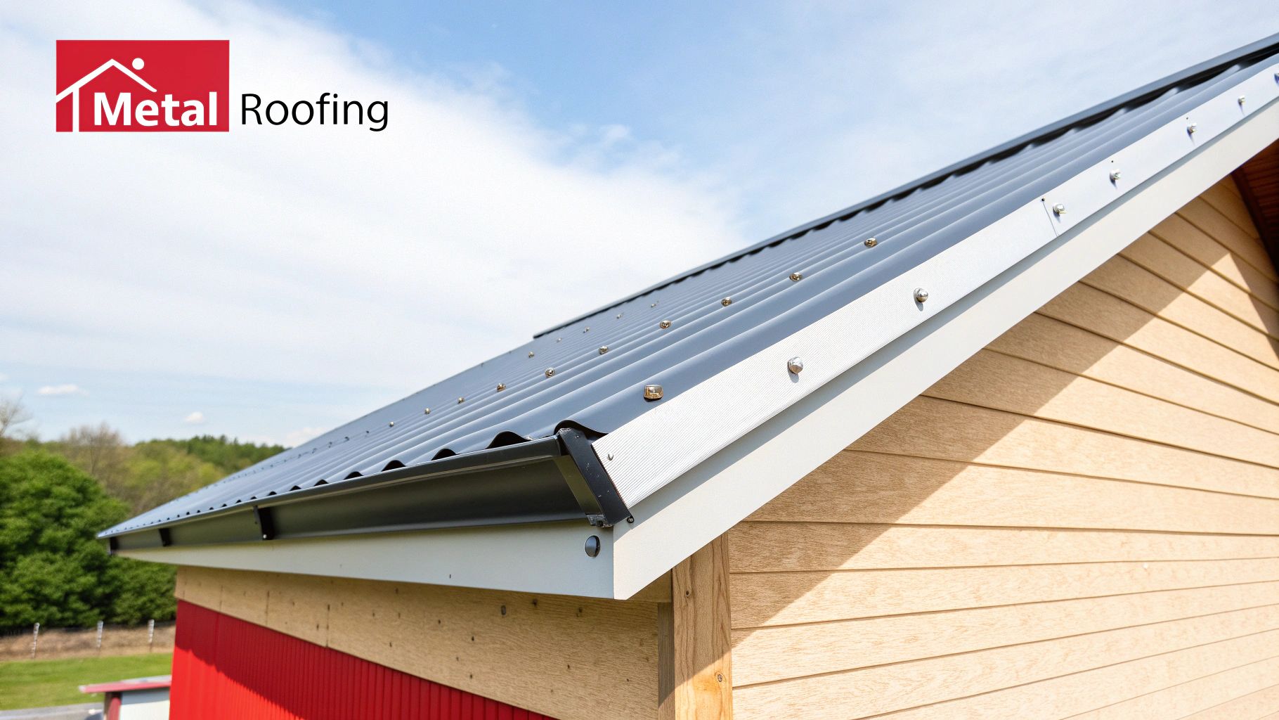 A durable dark grey metal roof with white trim and black gutter on a modern building.