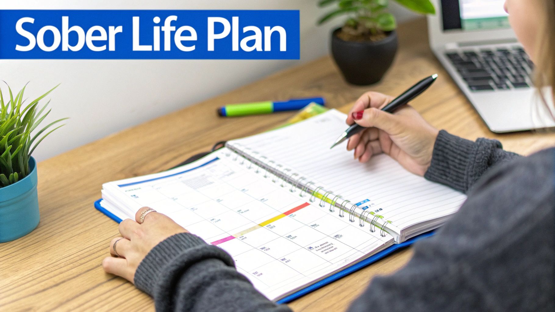 A person journaling in a notebook at a clean, organized desk, symbolizing a structured plan for sobriety.
