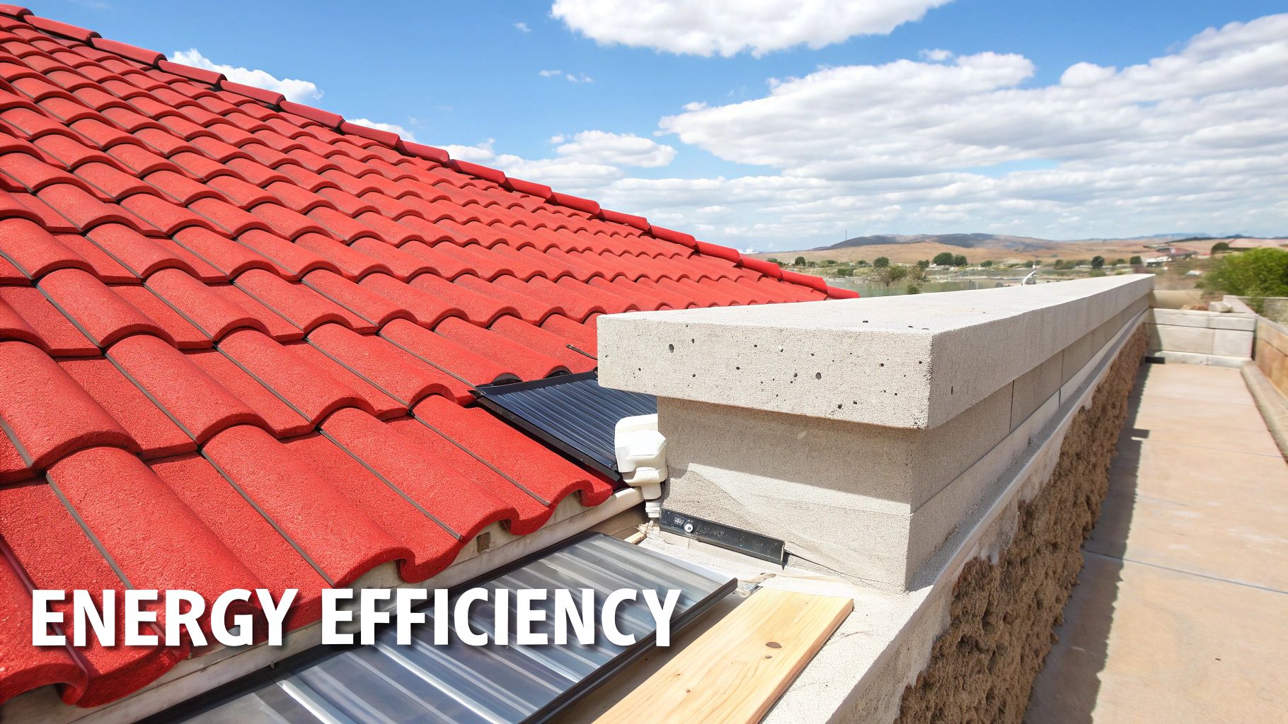 Red tile roof with a solar panel, concrete wall, and text 'ENERGY EFFICIENCY'.