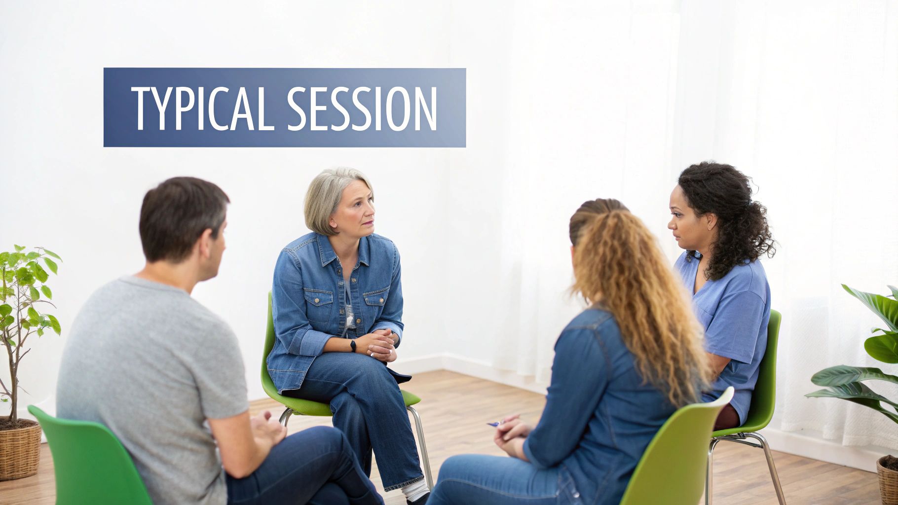 Four diverse individuals sit in a circle on green chairs for a typical group therapy session, conversing.