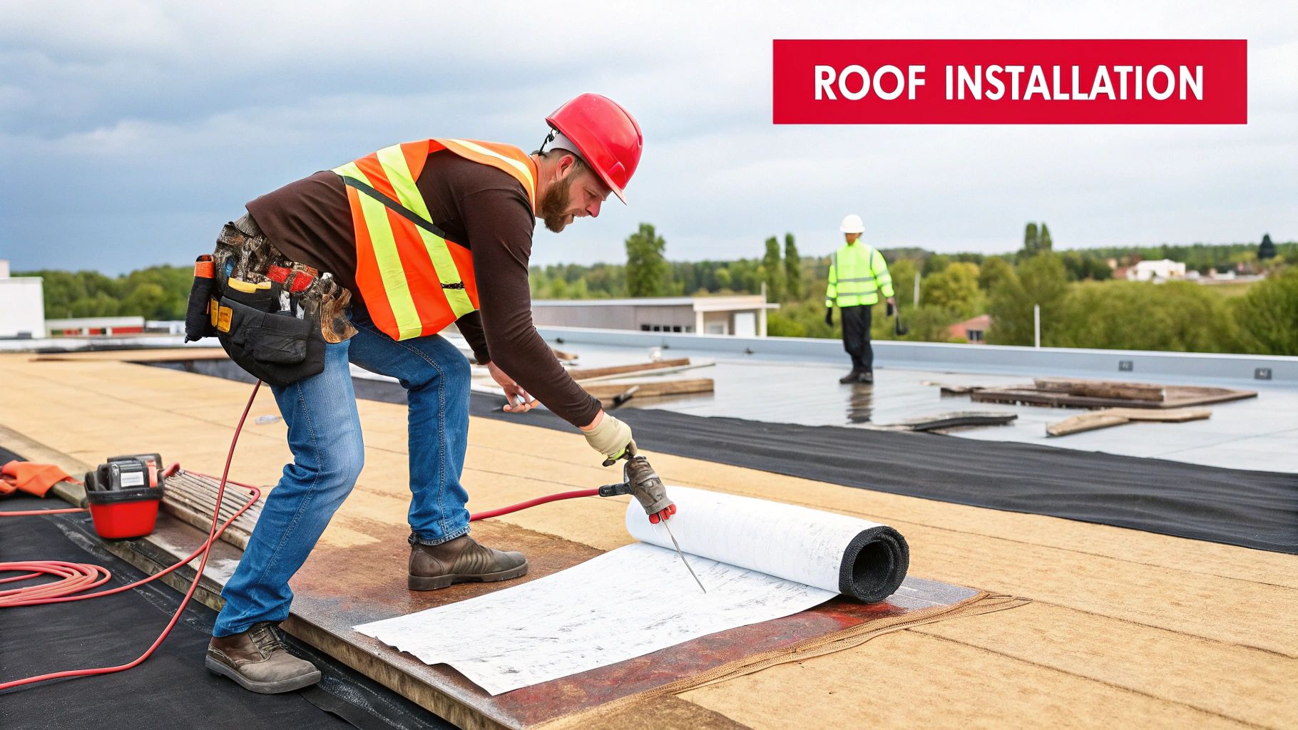 Roofing contractors applying a torch to a roll of modified bitumen roofing on a commercial flat roof.