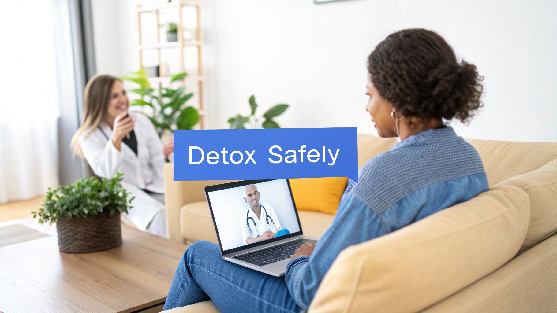A person sitting on a couch, looking thoughtful and calm, with a notebook and a glass of water on the table, symbolizing preparation and self-care.