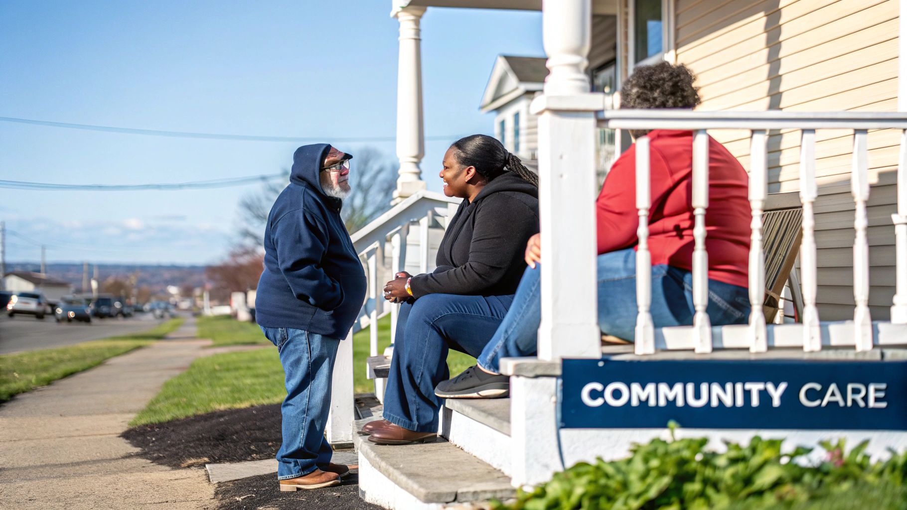 An older man talks to a smiling woman on a porch steps next to a 'Community Care' sign.