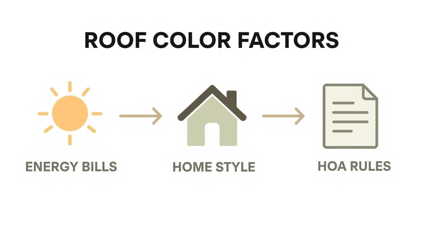 An infographic showing roof color factors: energy bills, home style, and HOA rules.