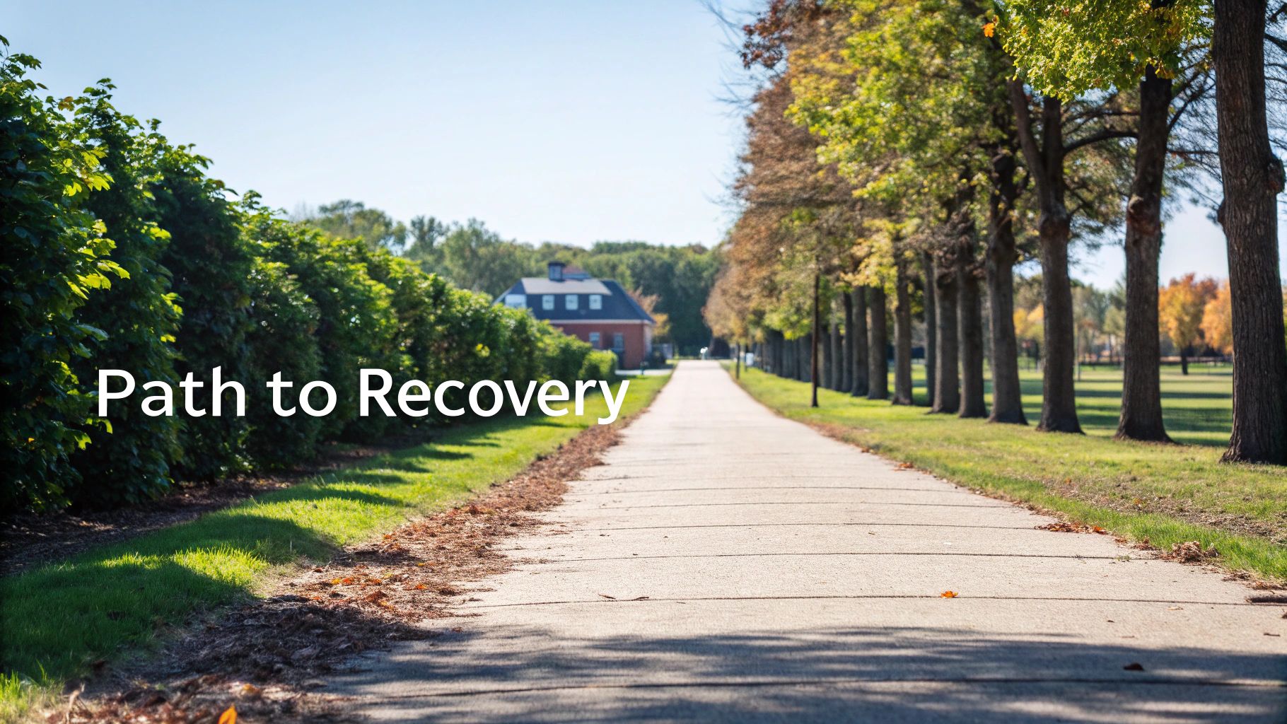 A long, tree-lined path leading towards a distant building, with the text 'Path to Recovery'.
