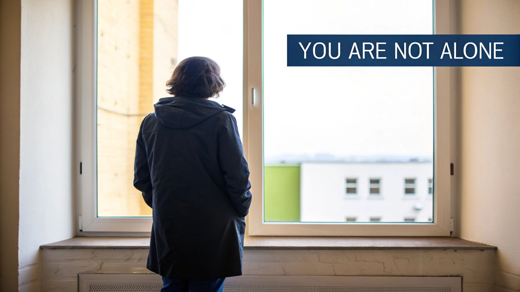 A person in a dark coat stands looking out a bright window, with the supportive text 'YOU ARE NOT ALONE'.
