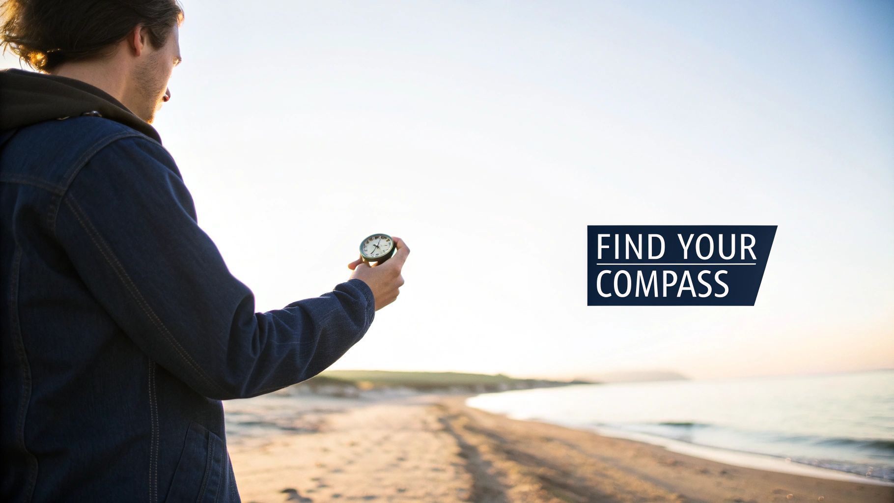 A person stands on a sandy beach holding a compass, with "FIND YOUR COMPASS" text.