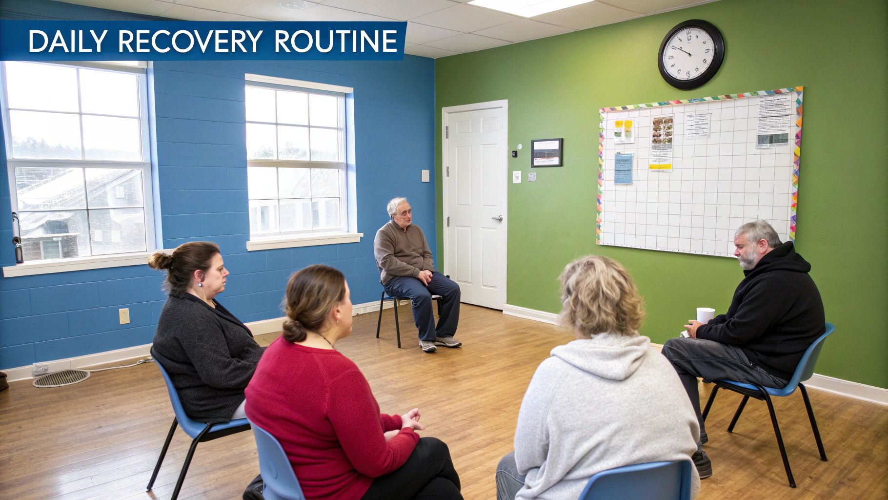A group of diverse adults sit in a circle in a well-lit room, participating in a therapy session.