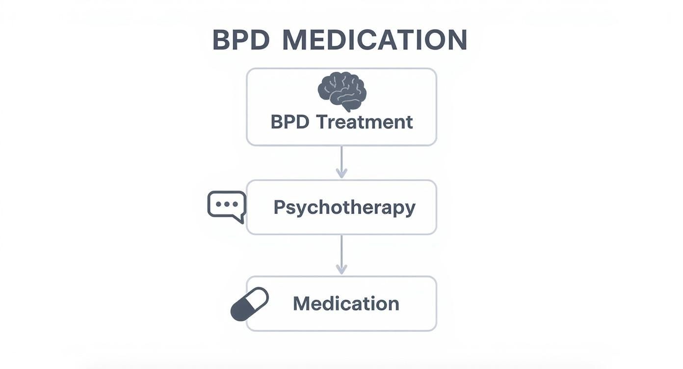 Flowchart illustrating Borderline Personality Disorder (BPD) treatment, including psychotherapy and medication steps.