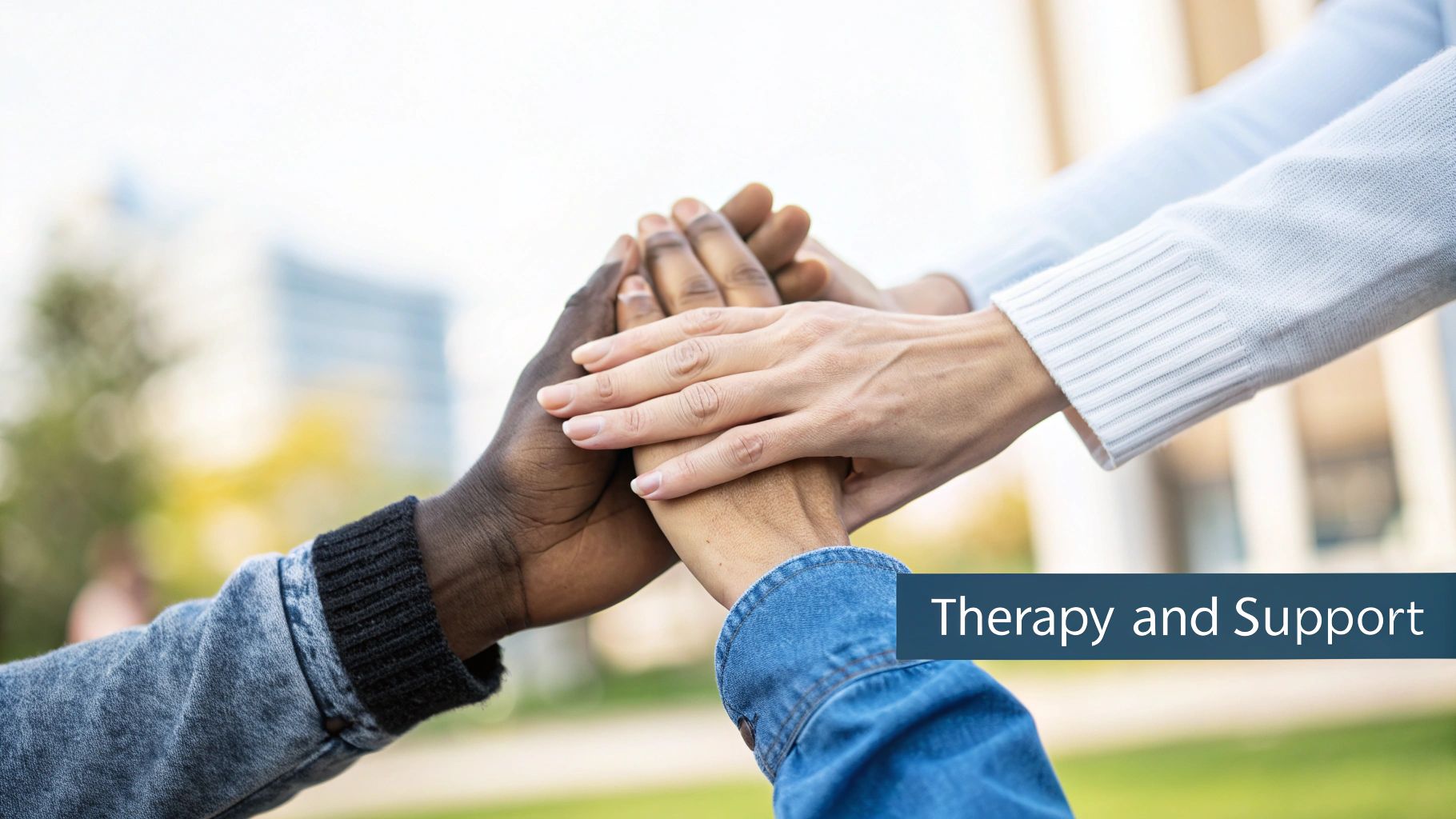 Diverse hands stacked together, symbolizing unity, teamwork, and support for therapy and mental health.