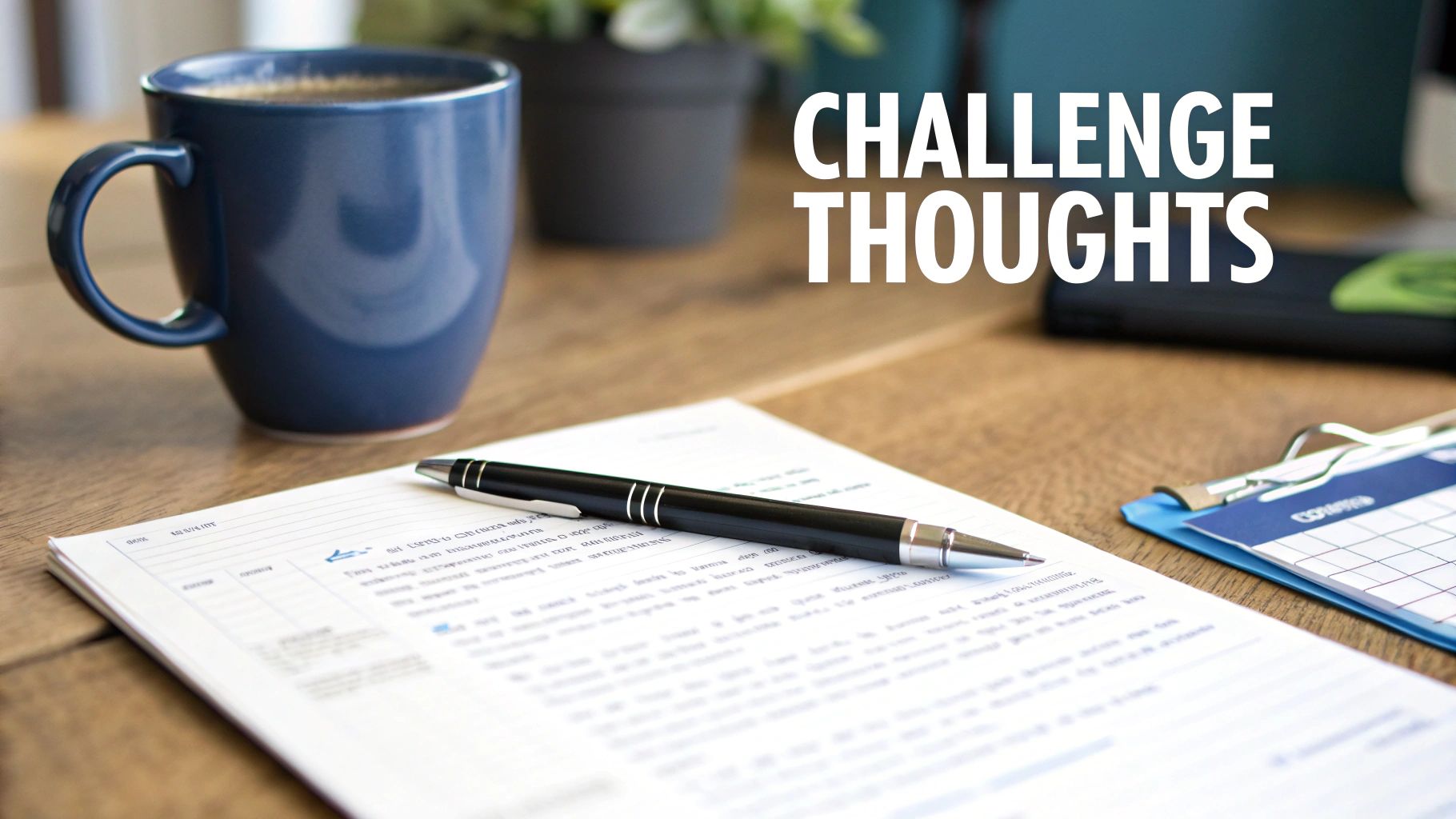 Dark blue coffee mug and pen on a document, with 'CHALLENGE THOUGHTS' text on a desk.
