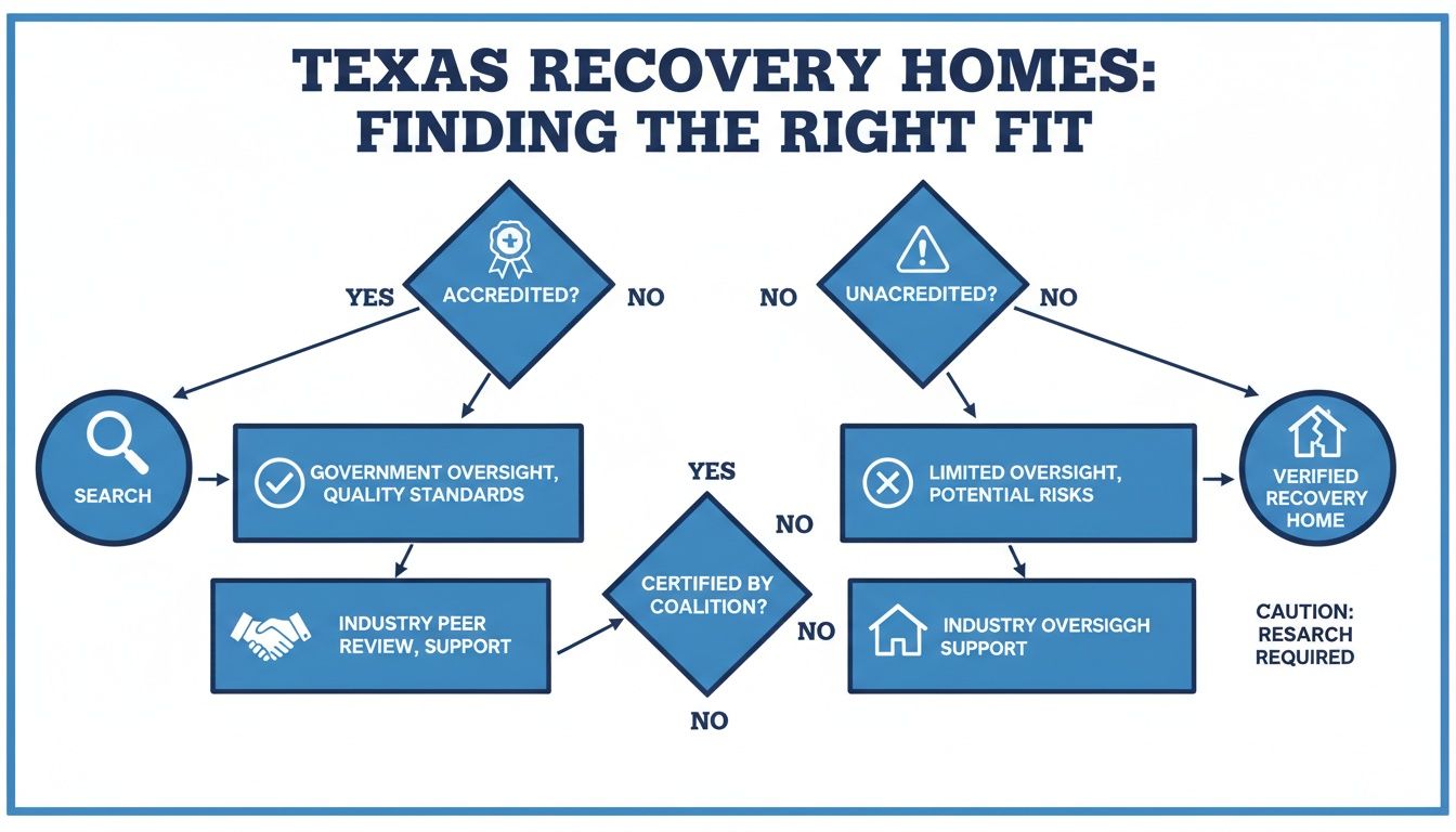 A flowchart guiding the user through steps to find a suitable Texas recovery home, starting with checking for accreditation.