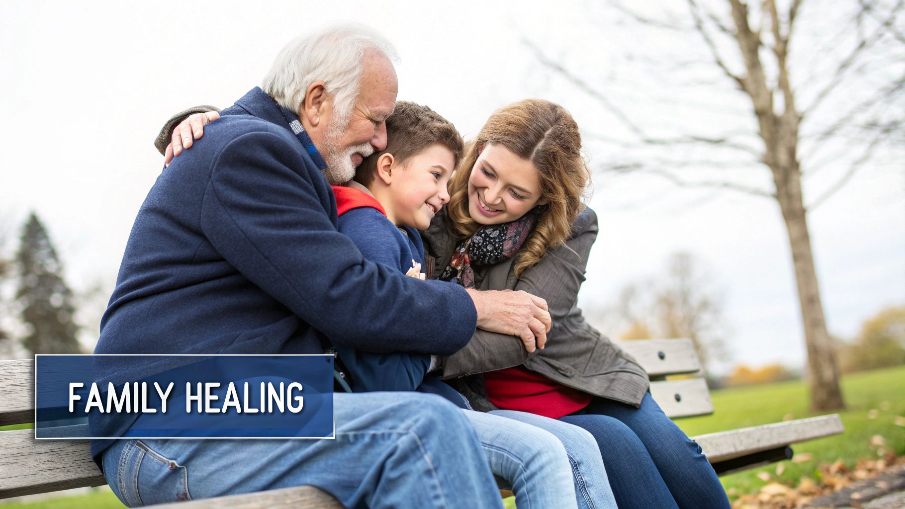 A multi-generational family, including grandfather, mother, and child, embrace warmly on a park bench, representing family healing.