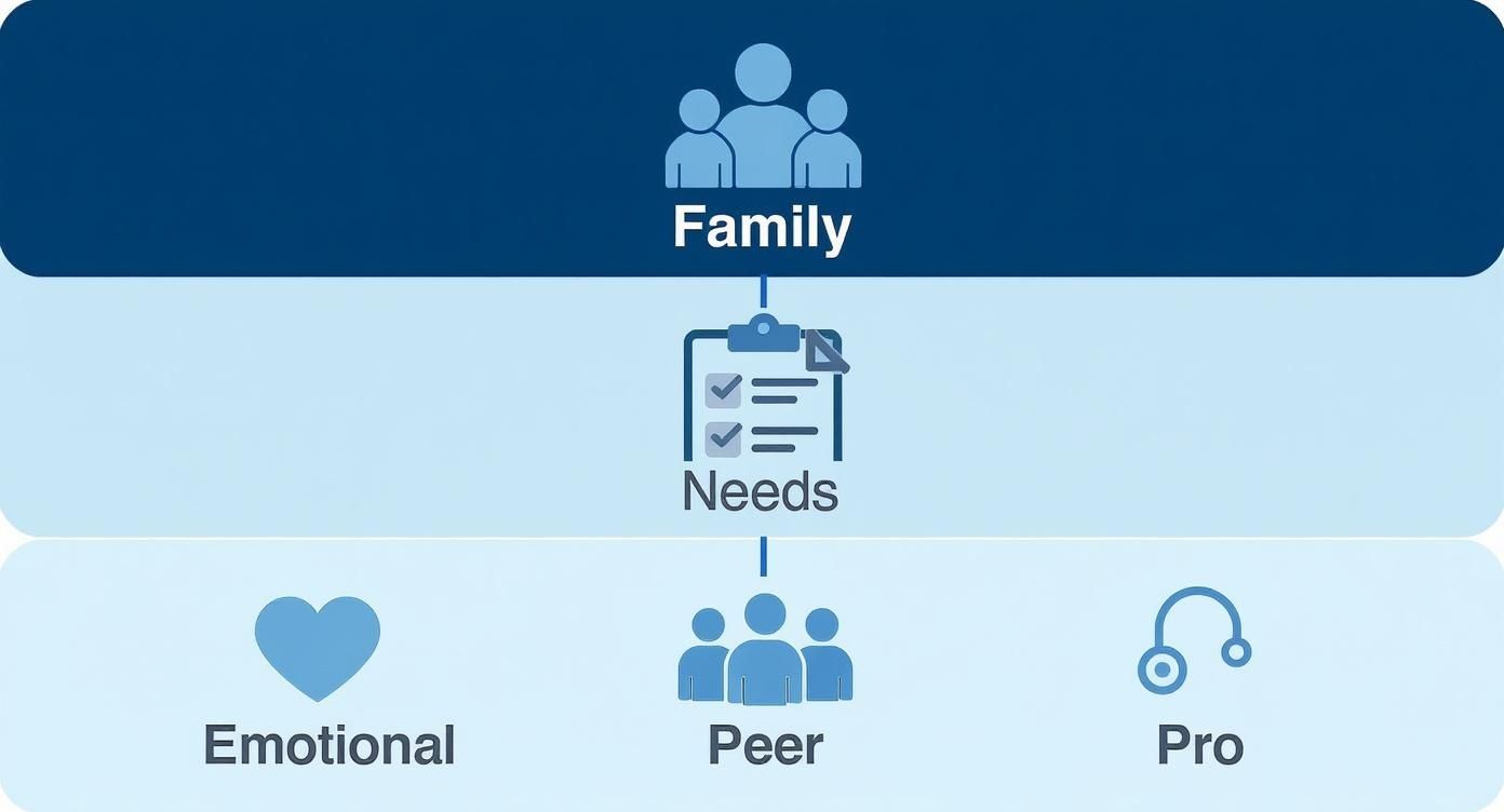 Infographic showing that families need emotional, peer, and professional support when dealing with addiction