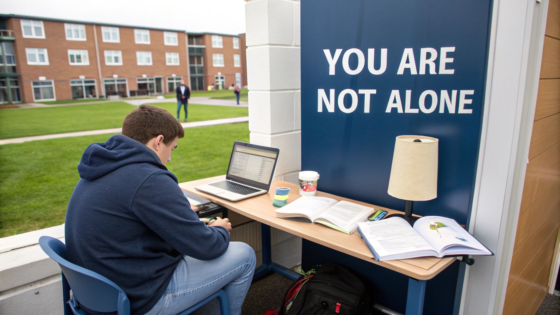 A college student studies outdoors with a laptop and books, beside a sign reading "YOU ARE NOT ALONE".