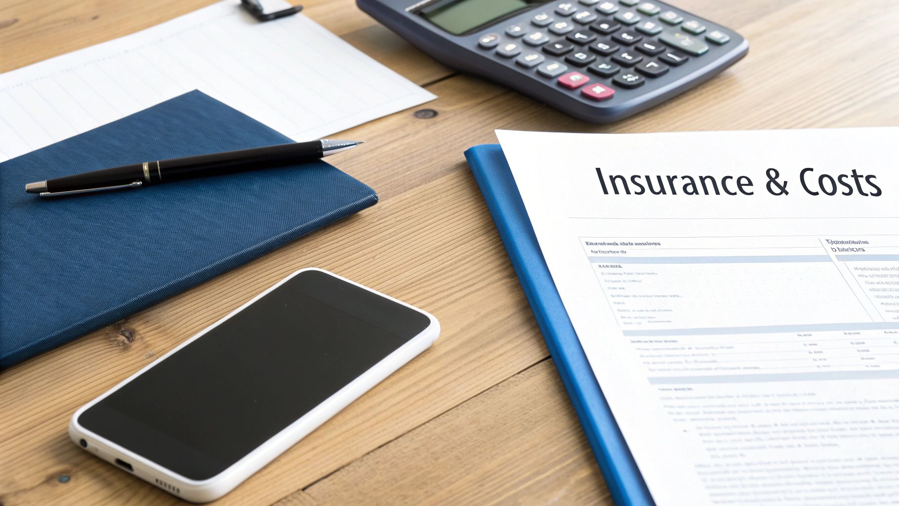 A person on the phone, looking at insurance papers, in a calm and organized setting.