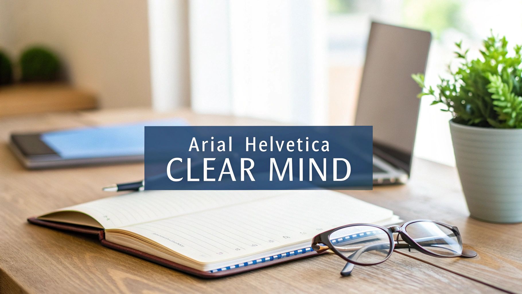 A serene and organized workspace with a notebook, glasses, pen, and laptop, promoting a clear mind.