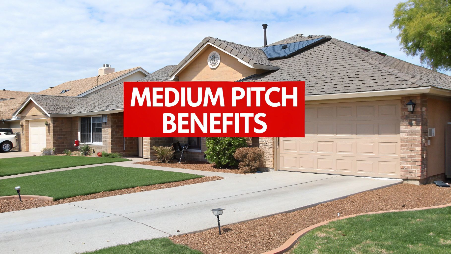 A suburban house with a medium-pitched roof and solar panels, featuring a banner 'MEDIUM PITCH BENEFITS'.