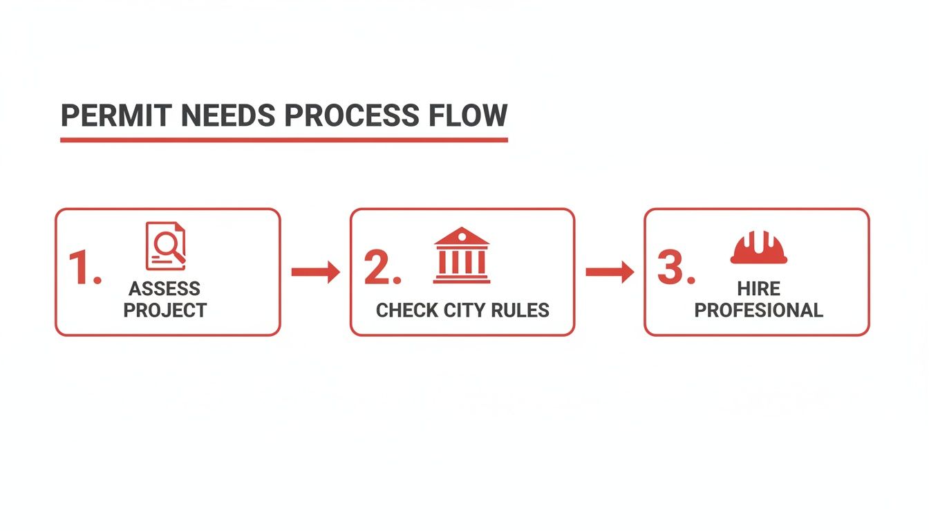 A permit needs process flow diagram illustrating three key steps: assess project, check city rules, and hire professional.