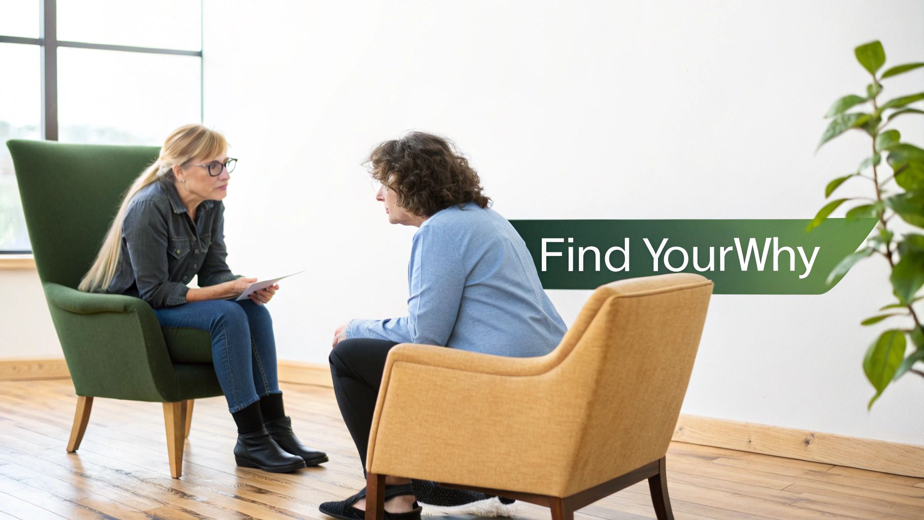 Two women sit in armchairs, engaged in conversation, with a motivational message 'Find YourWhy' on the wall.