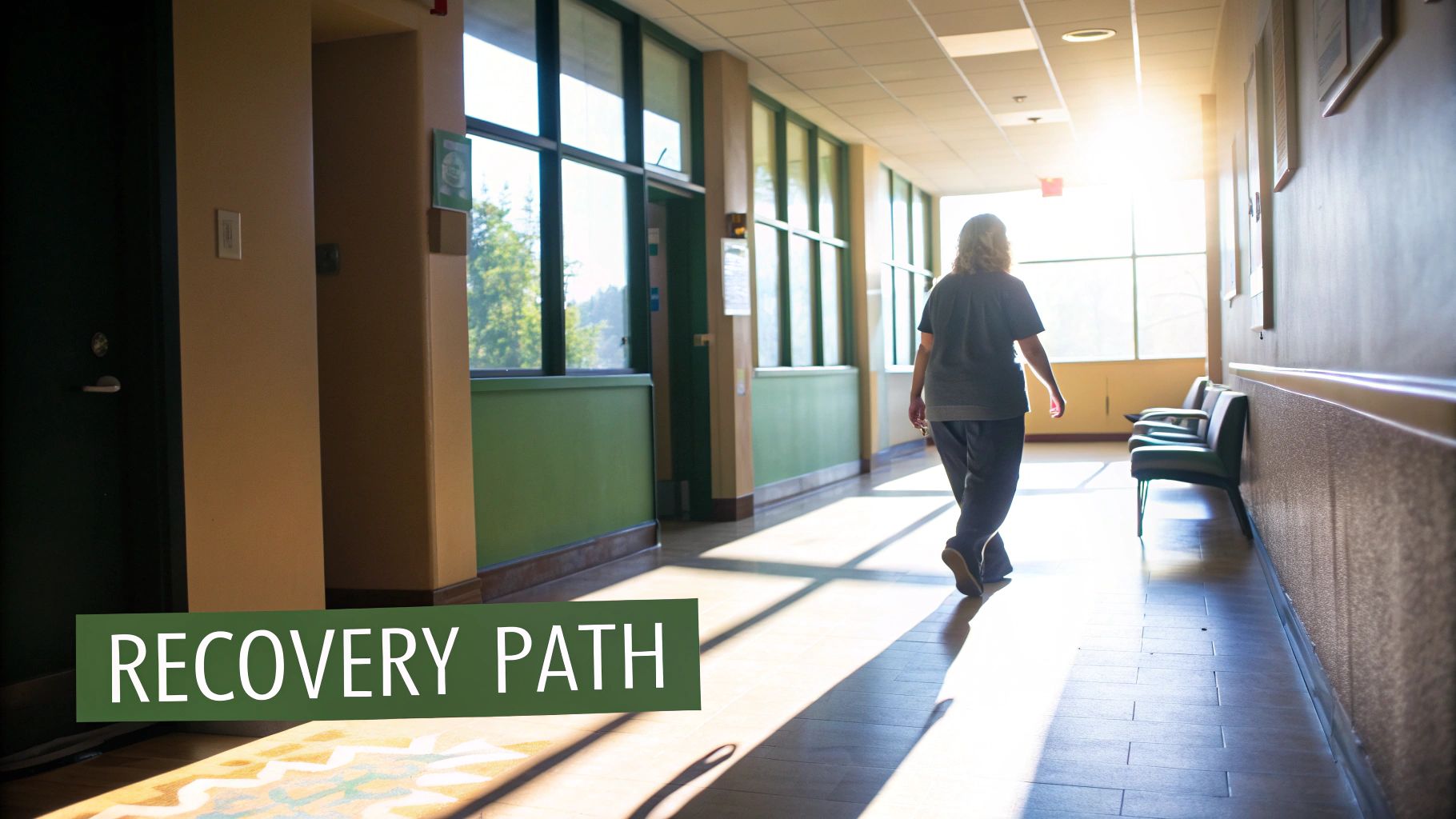 A person walks down a sunlit hospital or clinic hallway with the text 'RECOVERY PATH' overlaid.