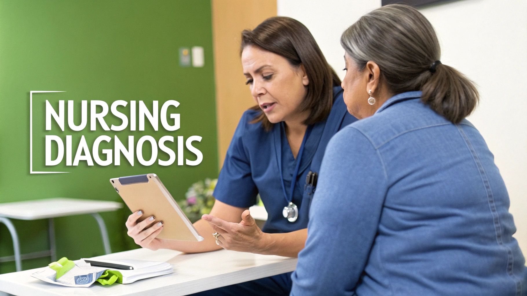 A nurse in blue scrubs discusses a nursing diagnosis with a patient, holding a tablet.