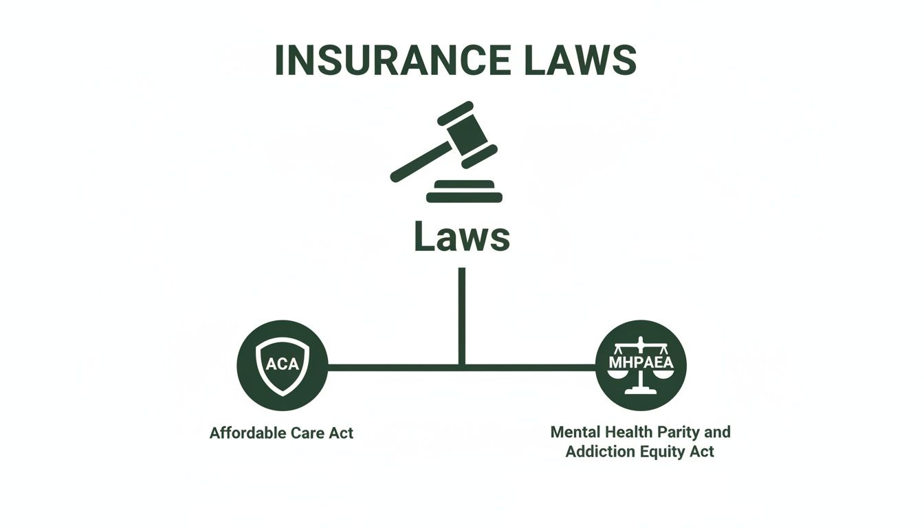 Diagram illustrating insurance laws with a gavel, featuring the Affordable Care Act and Mental Health Parity and Addiction Equity Act.