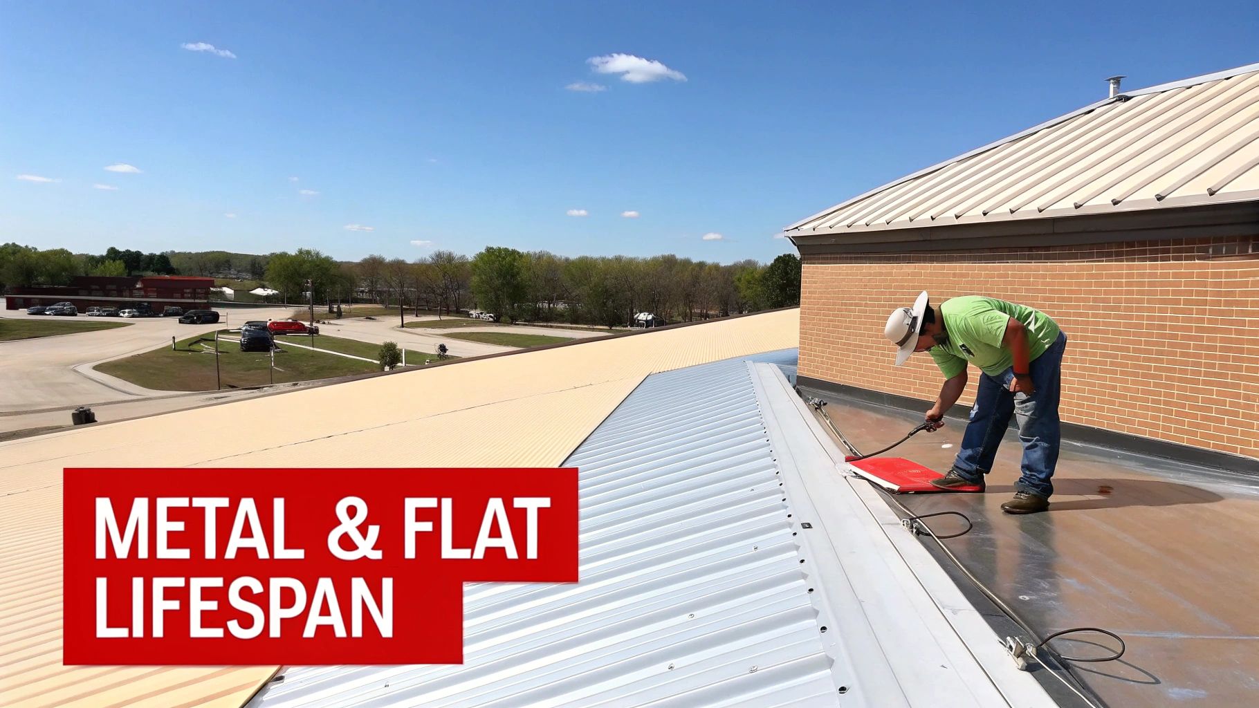 A man in a hat applies coating to a flat roof next to a sloped metal roof section.