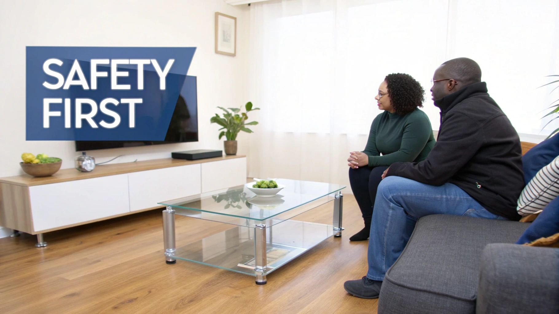 Two people sit on a couch watching a television displaying 'SAFETY FIRST' in a modern living room.