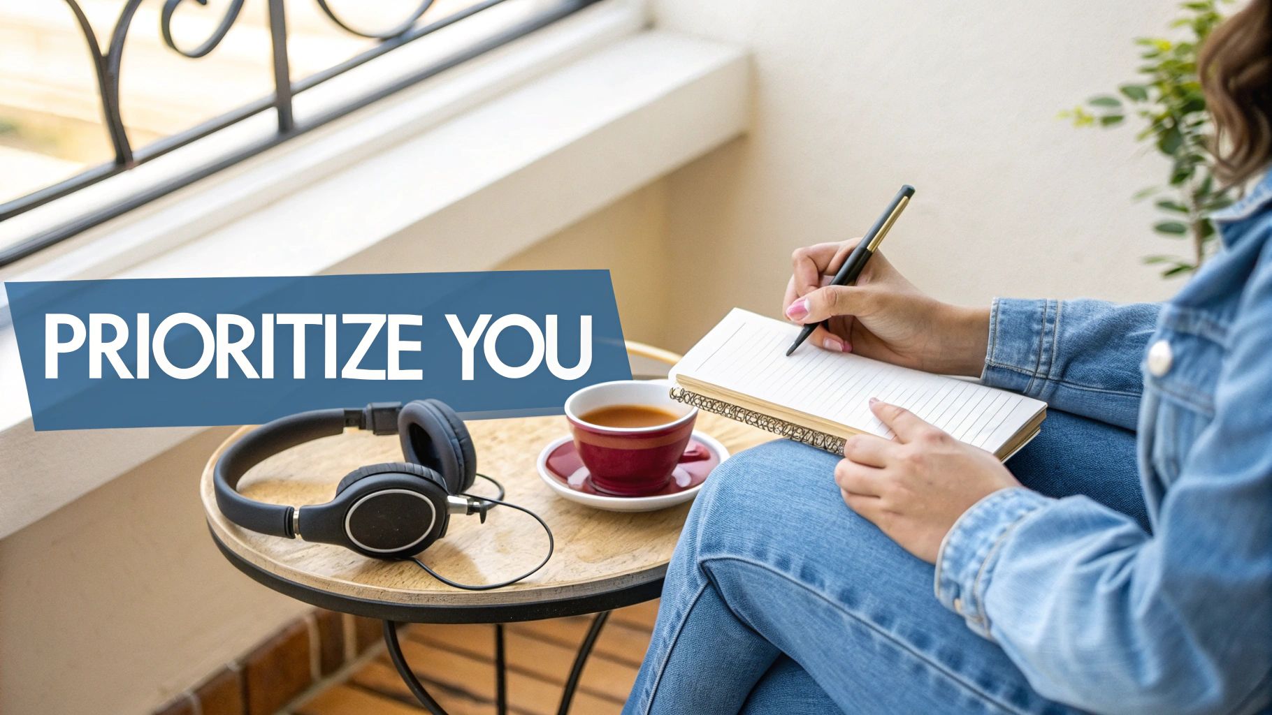 A real photo of a woman writing in a journal at a table with headphones and a tea cup, prioritizing her self-care.