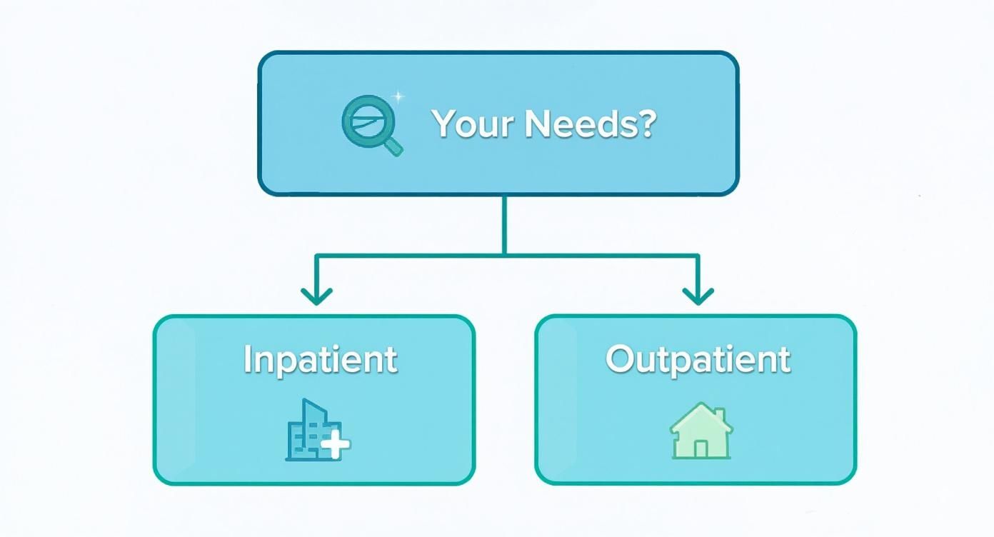 A flowchart illustrating healthcare options: 'Your Needs?' branches to 'Inpatient' (hospital) and 'Outpatient' (home).