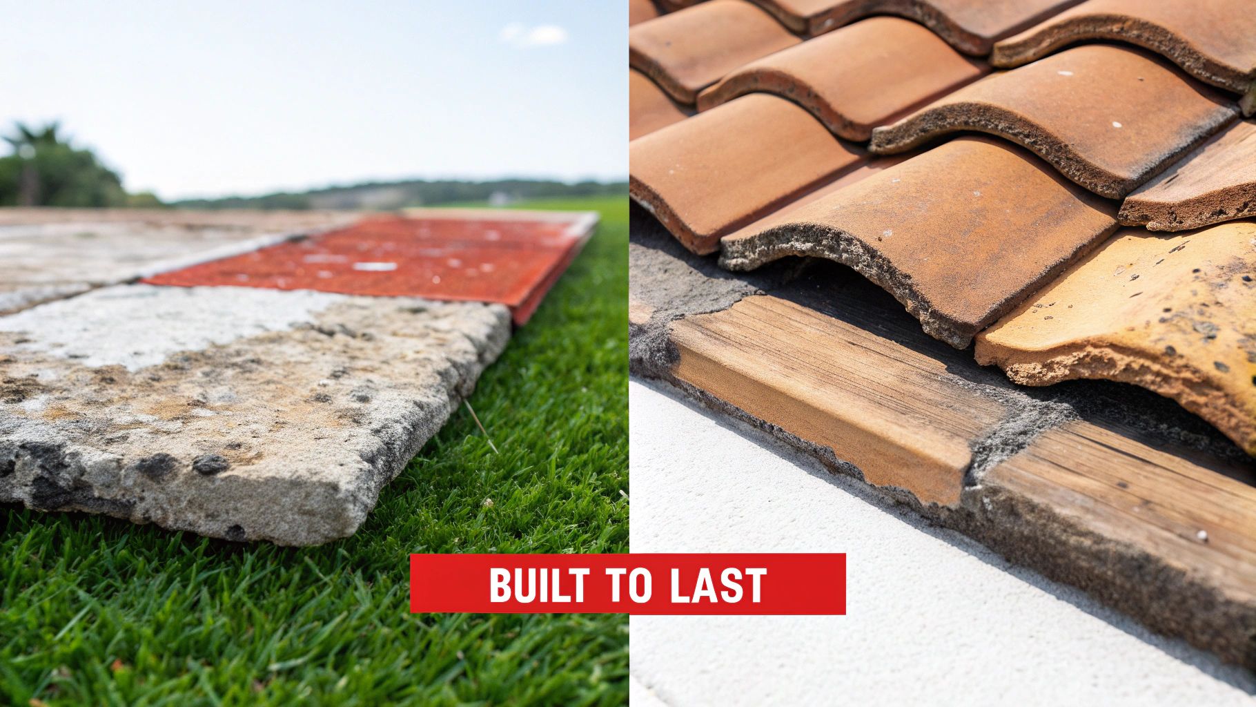 A close-up view of weathered but intact clay roof tiles on a historic building.
