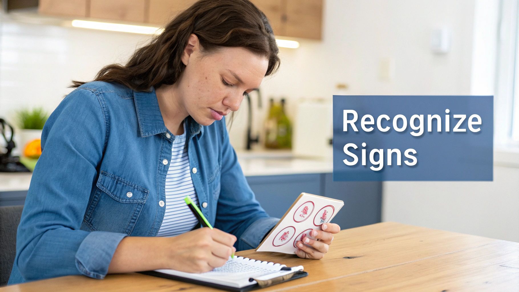 Woman in blue denim shirt writing notes while reading book about recognizing addiction warning signs