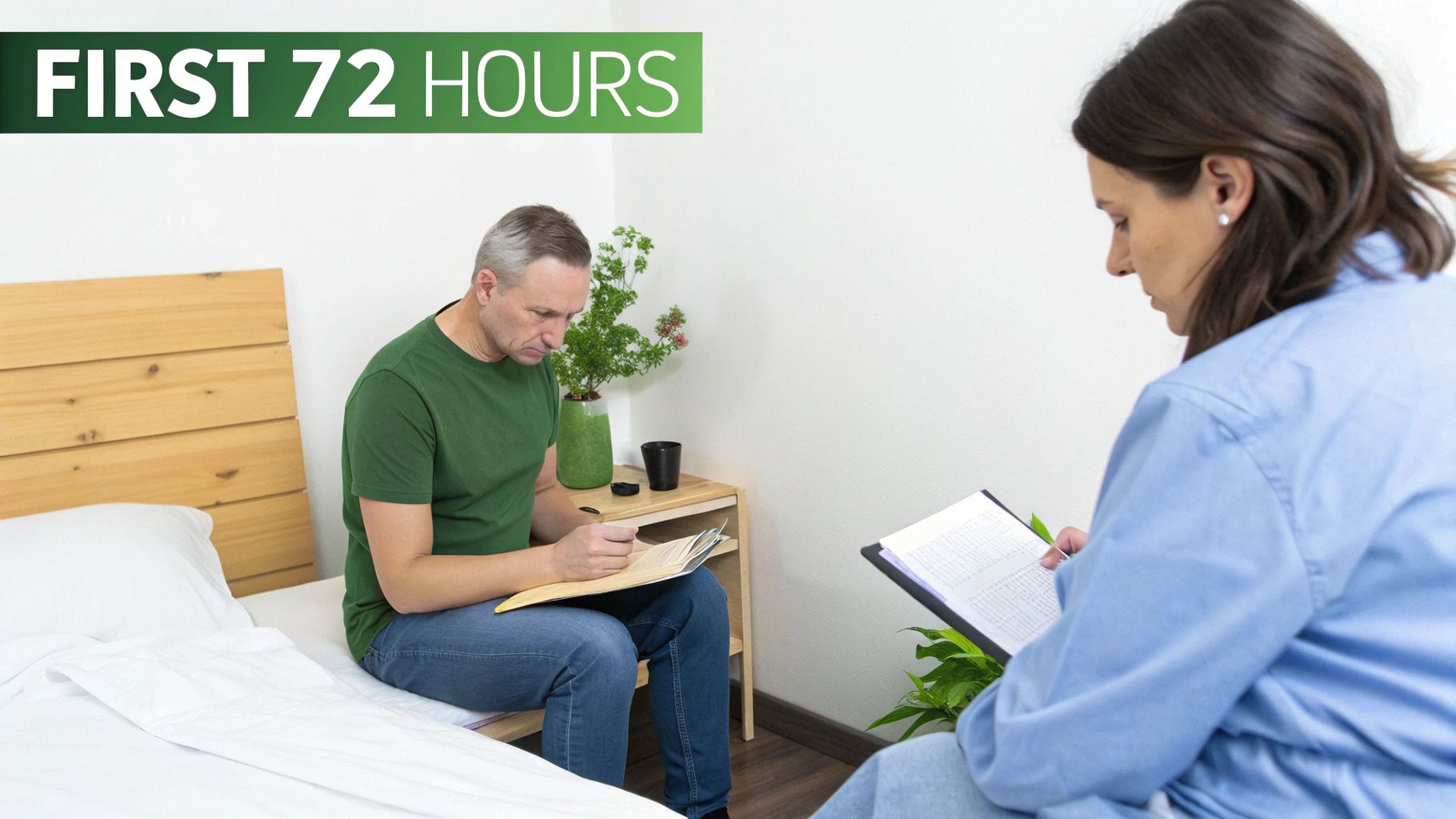 A man and a woman in a room, both looking at documents during a consultation or assessment.